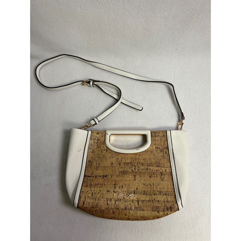 Coastal Chic Anne Klein Womens Medium White Gold Cork Crossbody Satchel Bag